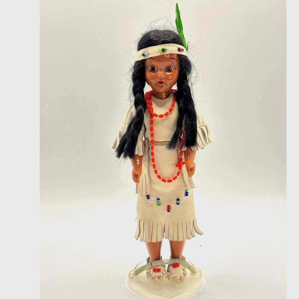 Vintage Native American Woman Doll in Traditional Tribal Costume with Stand